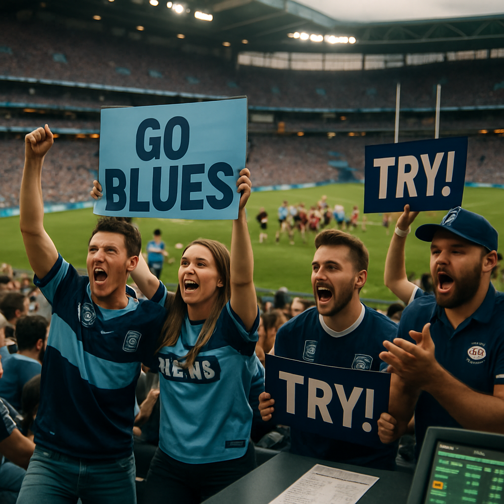 A vibrant Australian rugby league match scene with enthusiastic fans and players, illustrating the